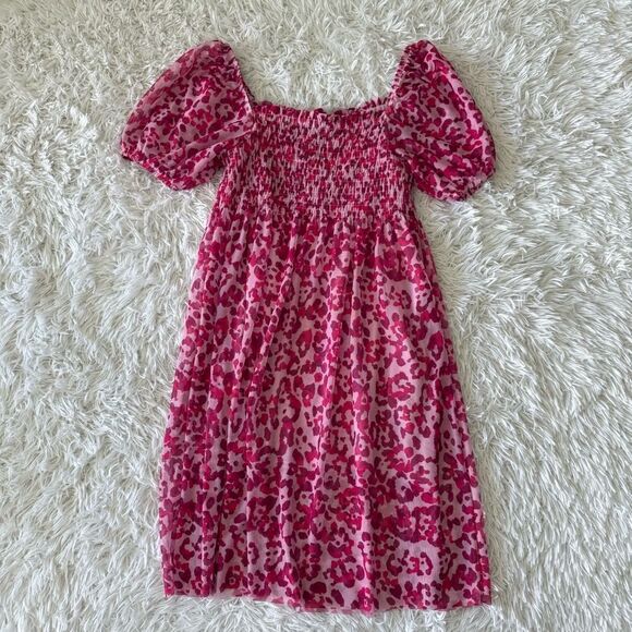BAUM UND PFERDGERTEN Pink Leopard Print Smocked Babydoll Mini Dress Size XS - Picture 4 of 7